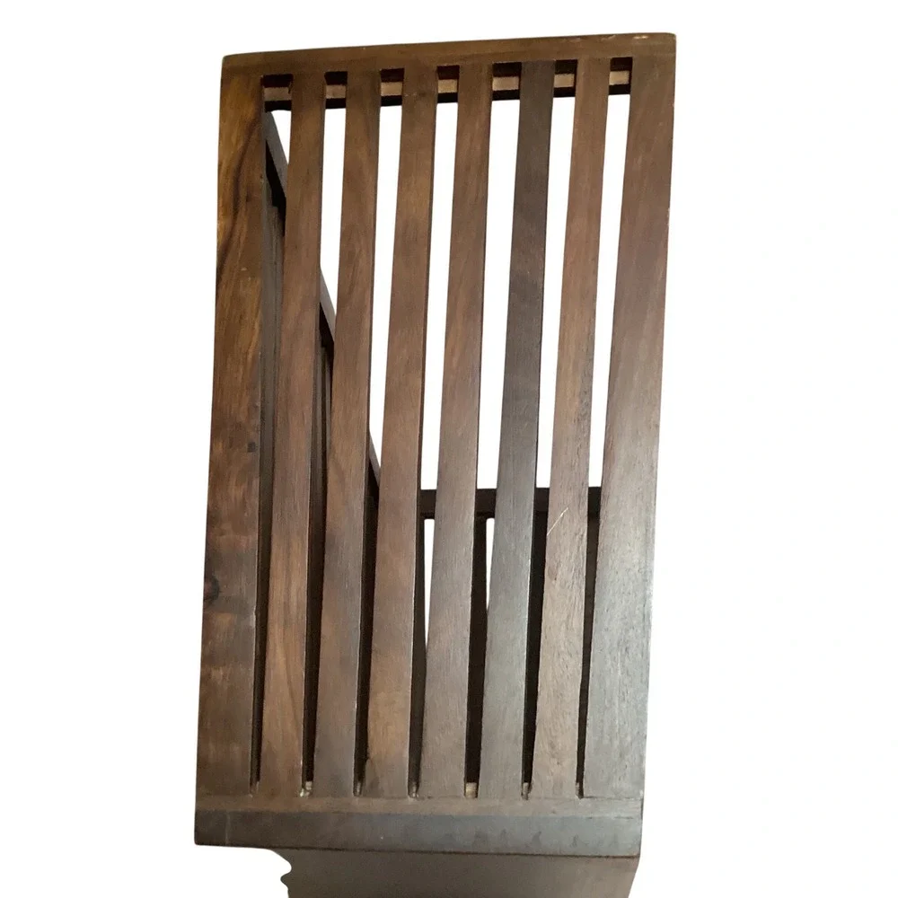 Mid Century Modern Slatted Wood Magazine Holder Floor Rack Dark Brown Heavy